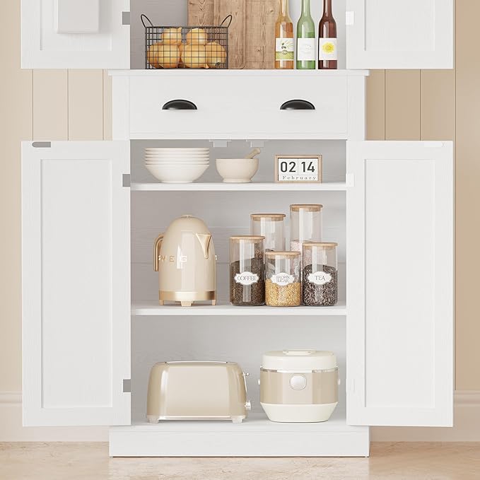 IRONCK Kitchen Pantry Storage Cabinet 72.6" H x 24" W, with Barn Doors, Drawer, 4 Adjustable Shelves, Freestanding Cupboard, Laundry, White