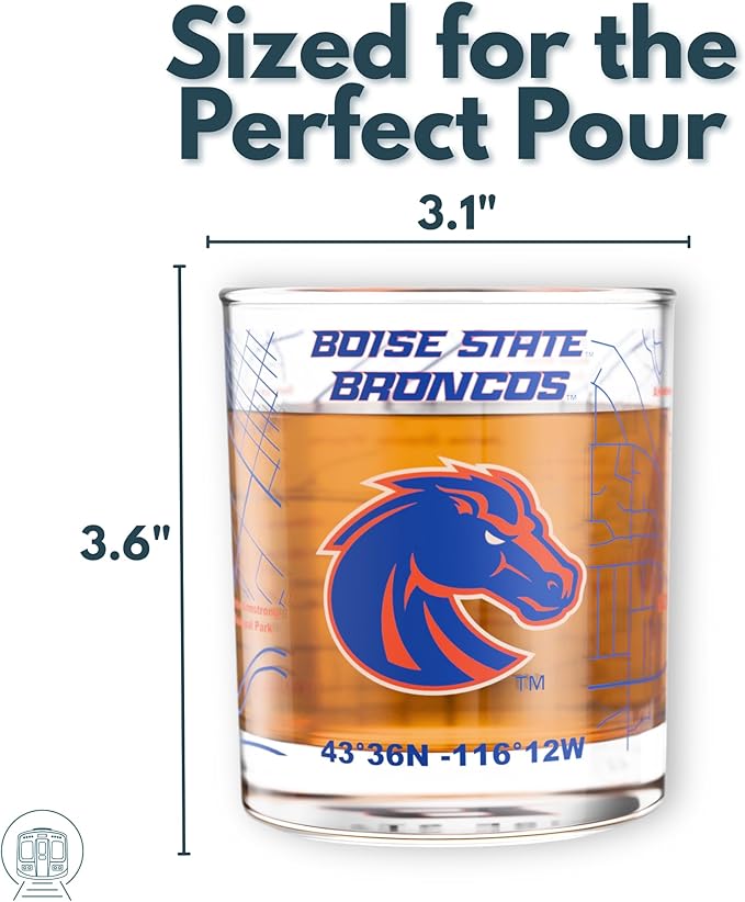 Greenline Goods – Boise State University Broncos College Whiskey Glasses (Set of 2), 10 oz – Full-Color Logo + Campus Map