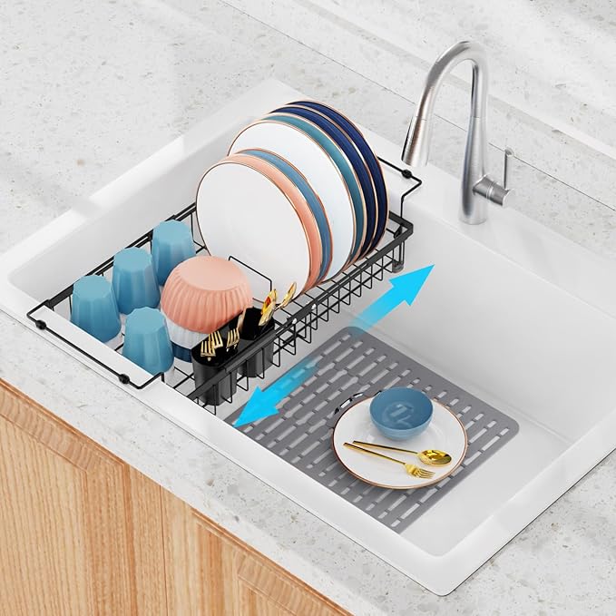 iSPECLE Dish Drying Rack with Sink Mat - Expandable Capacity in Sink Dish Rack for Kitchen RV Apartment, Large, Black
