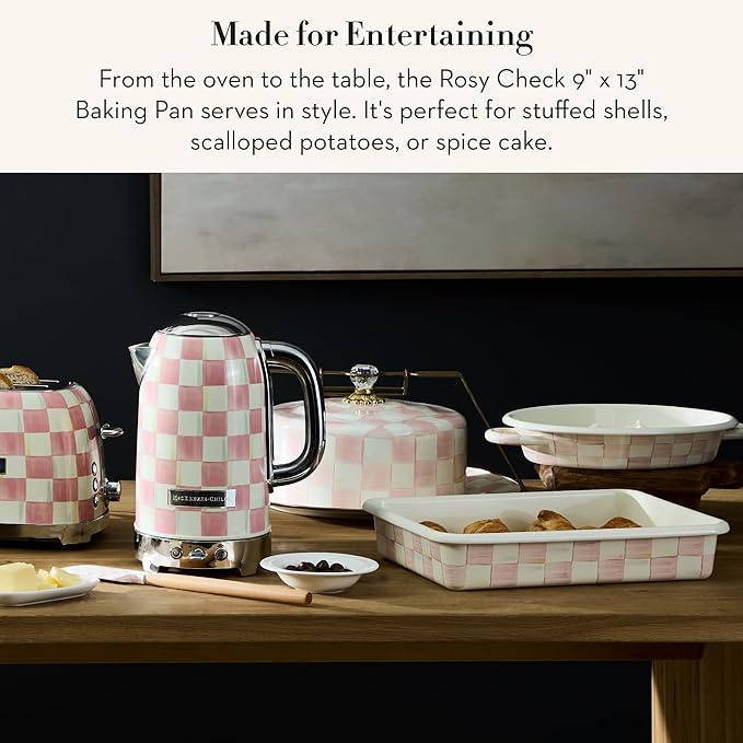 MACKENZIE-CHILDS Enamel Baking Pan for Oven, Rectangular Oven Pan, 9" x 13", Pink-and-White Rosy Check
