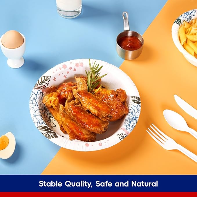 JOLLY CHEF 160 Count Paper Bowls 20 oz Soak Proof and Cut Proof Microwave Safe Heavy Duty Flower Printed Disposable Bowls Large for Dinner or Lunch