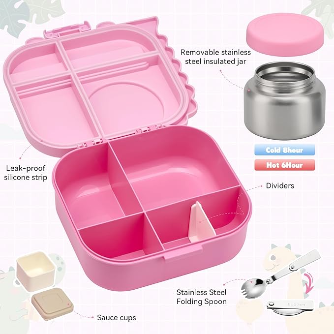 Bento Lunch Box with Thermo, 4-Compartment Bento Box with Adjustable Dividers, Leakproof Dinosaur Lunch Box with 14.2OZ Insulated Food Jar & Sauce Jar, for School Office Travel(Pink)