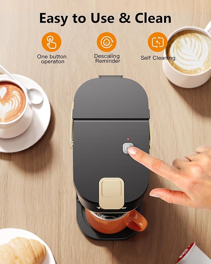 Single Serve One Cup Coffee Maker, for K Cups and Grounds, Mini Coffee Maker with Portable Handle, 6 to 12 Oz Brew Size, for Travel, Camping, Office, RV and Dorm, 120V, Black and Gold