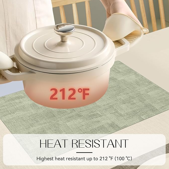 Romanstile Reversible Vinyl Placemats Set of 8, Faux Leather 100% Waterproof Oil-Proof Wipeable Place Mats, Heat Resistant Dual Sided Table Mats for Kitchen/Dining/Party (Grey Green, 12 x 17 Inch)