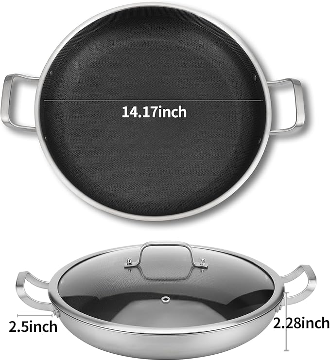 DELARLO 13 Inch Tri-Ply Stainless Steel Paella Pan with Lid Nonstick Frying Pan, Hybird Induction Large Skillets,Great for Paella Parties Indoors Outdoors,Heavy Duty Style