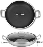 DELARLO 13 Inch Tri-Ply Stainless Steel Paella Pan with Lid Nonstick Frying Pan, Hybird Induction Large Skillets,Great for Paella Parties Indoors Outdoors,Heavy Duty Style