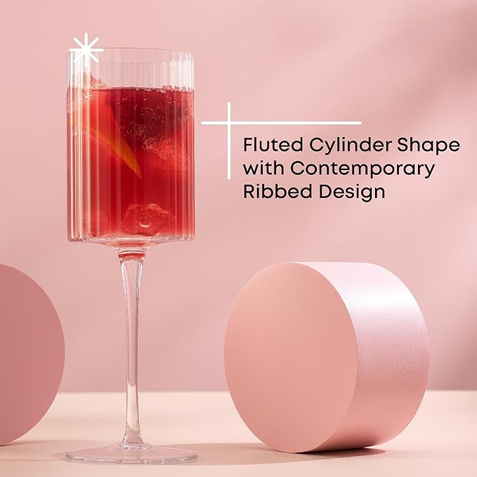 JoyJolt Elle Fluted White Wine Glasses Set of 2, 11.5oz Long Stem Wine Glasses, Unique Stemmed Cocktail Glass, Vintage Style Drinking Glass Set