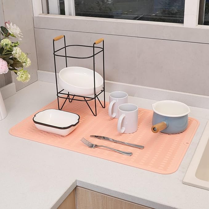 Silicone Dish Drying Mat for Multiple Usage,Easy clean,Eco-friendly,Heat-resistant Silicone Mat for Kitchen Counter or Sink,Refrigerator or Drawer Liner Pink 3XL 28 inches x 18 inches