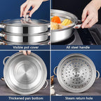 Steamer Pot for Cooking 5.0-Quart Steam Pot with Lid 2-tier Multipurpose Stainless Steel Steaming Cookware with Handle for Vegetable, Soups, Stews and Pasta