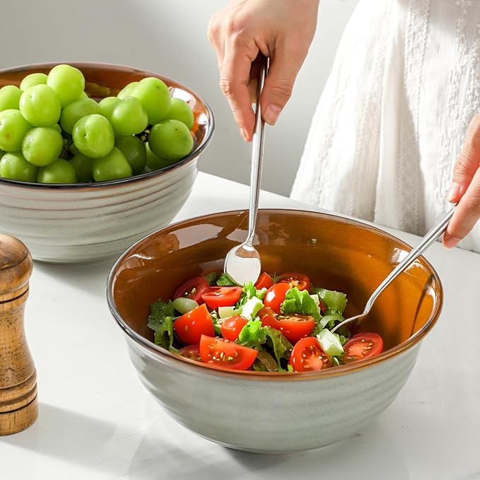Mixing Bowls 65oz,Large Deep Ceramic Bowls for Kitchen Prep, Baking,Salad, Pasta, Ramen, Soup, Serving,Microwave & Dishwasher Safe Set of 2,Durable Matte Finish,Vintage Brown