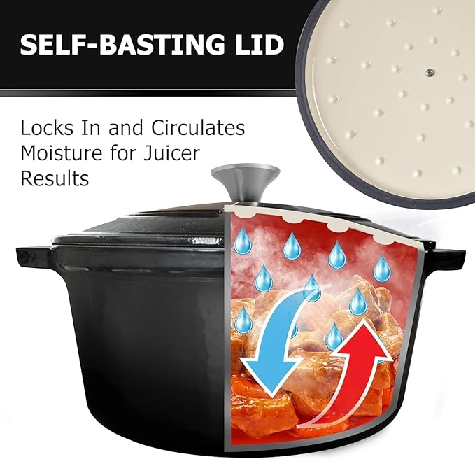 MÜELLERHOME 4.5 QT Enameled Cast Iron Dutch Oven, Heavy-Duty Casserole Dish and Braiser Pan with Lid and Stainless Knob, Oven-Safe up to 500° F & Across All Cooktops, Black