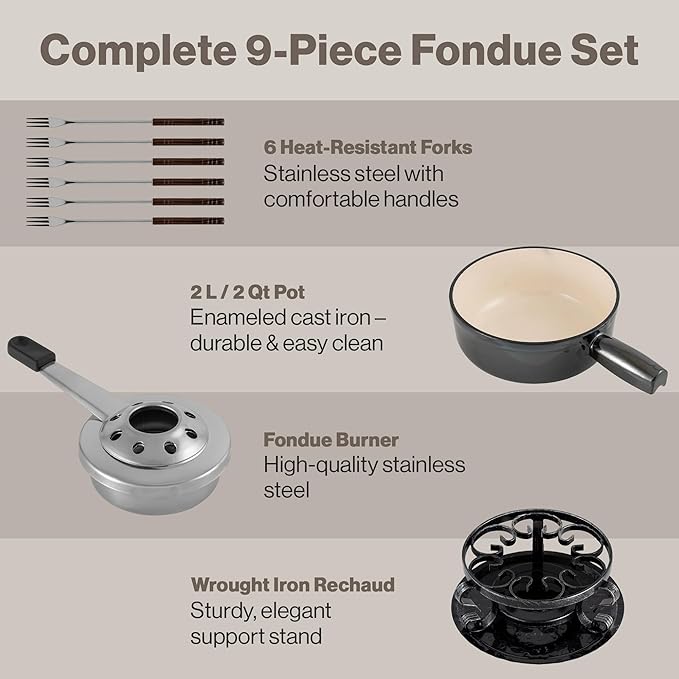 Swissmar Lugano Cast Iron Cheese Fondue Set, 9-Piece, 2 QT / 2 L - Ideal for Melting Cheese, Chocolates, Caramel, & More - Perfect for Kitchen Collection & Gift Giving - Metallic Black