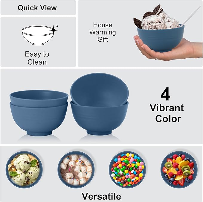 wheat straw dessert bowls 10oz set of 8 - Unbreakable snack Bowls Dishwasher Safe - Handy Bowls for Ice Cream,Yogurt and Fruits. Blue