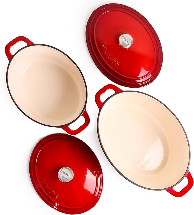 BergHOFF 9Pc Neo Cast Iron Cookware Set, Silicone Heat Spatulas, Matching Lid,Oven Safe Up To 400°F, Red