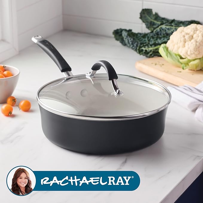 Rachael Ray Cucina Ceramic Nonstick Saute Pan with Lid, 3 Quart Non Stick Sauteuse Pan, Dishwasher Safe - Peppercorn