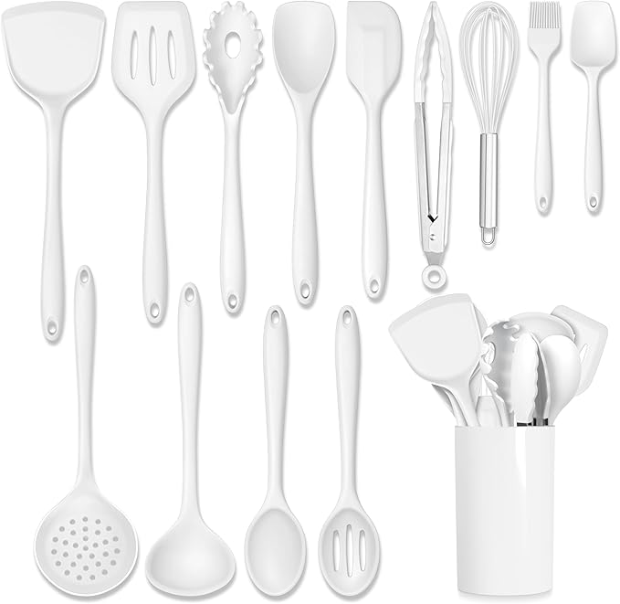 HaWare Kitchen Utensils, 14 PCS Silicone Cooking Utensils Set, Heat Resistant Kitchen Utensils for Non-stick Cookware, Kitchen Gadgets Tools with Spoons, Spatulas, Whisk, Dishwasher Safe (White)