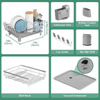 MOUKABAL Dish Drying Rack - Stainless Steel Dish Rack, Dish Racks for Kitchen Counter, Drying Rack Kitchen with Removable Utensil Holder, Drainboard and Glass Organizer (Grey)