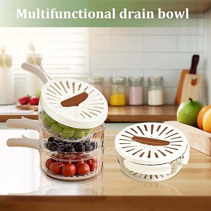 2 Pcs Multipurpose Drain Basket with Lid & Foldable Handle,2 in 1 Draining and Preservation Basket,Fruit Strainer Container with Lid for Fridge Freshness,Outdoor Picnics(1QT+1QT)