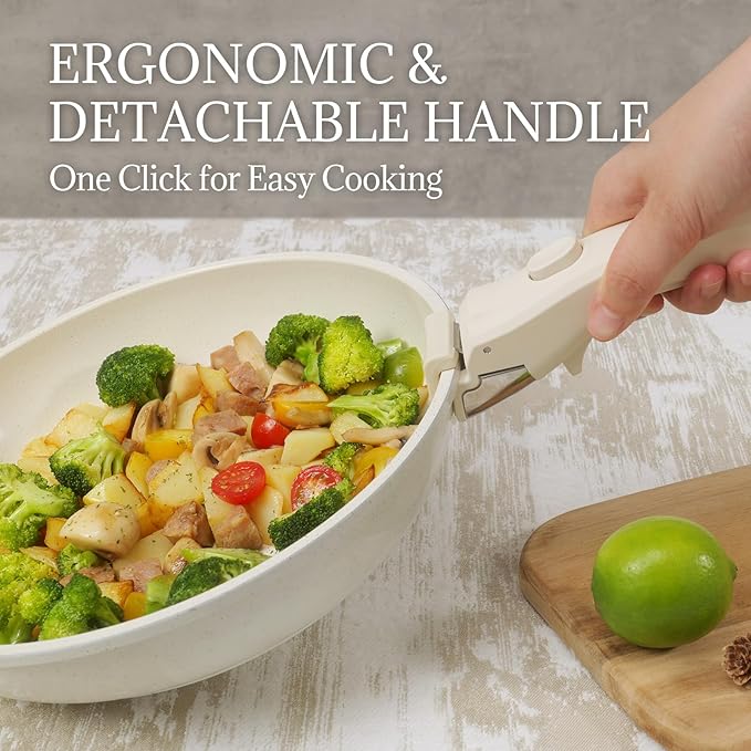 Ceramic Cookware Set Non Stick 8Pcs Pots and Pans Set Detachable Handle Induction Kitchen Cooking Set with Frying Pans Oven Dishwasher Safe, PFAS/PFOA Free, Cream White