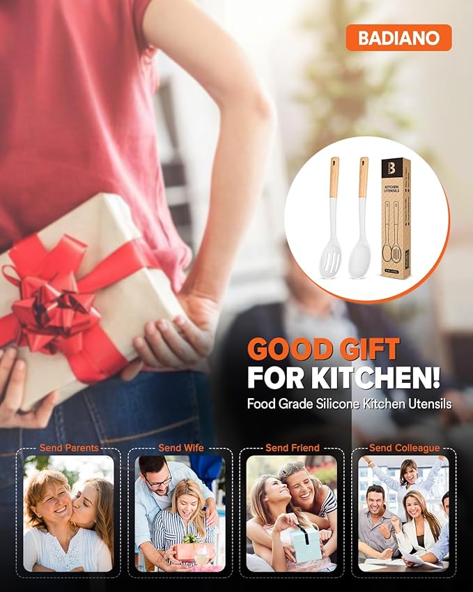 Silicone Cooking Spoons, Great for Scooping Sides and Serving Hearty Stews, BPA-Free Matte Silicone, Wooden Handle Serving Spoon for Nonstick Cooking Surfaces (White)