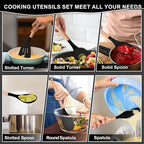 P&P CHEF Silicone Cooking Utensils Set, 12PCS Kitchen Utensils Set with Wooden Handle for Nonstick Cookware, Ladle, Spoon, Spatula, Tong, Heat-resistant & Non-scratch, Non Smell & Healthy, Black