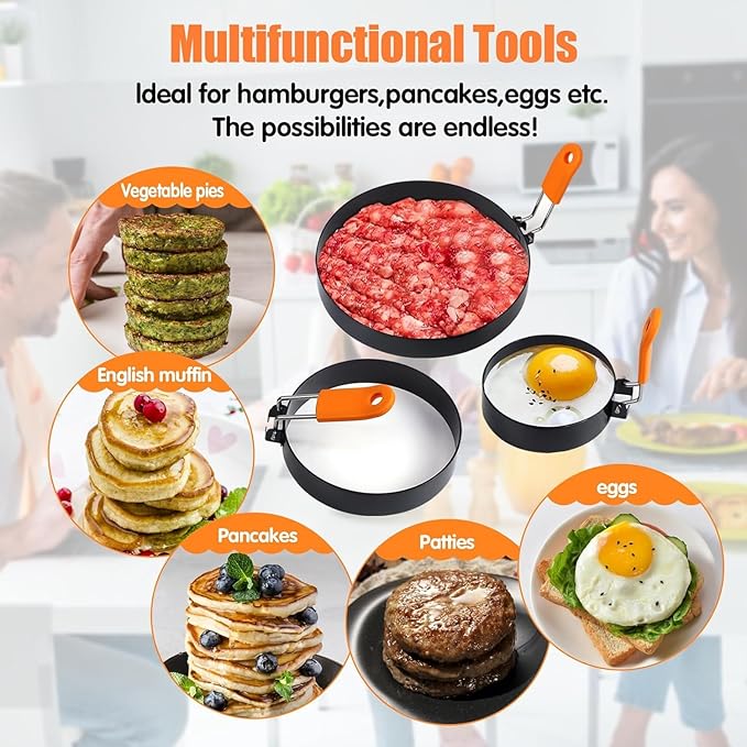 6 Packs Professional Pancake Ring Set,3" Omelette Ring,4" Non-stick Griddle Pancake Shapers with Oil Brush,6" Stainless Fried Egg Molds with Orange Anti-scald Silicone Handle,8" Pancake Molds