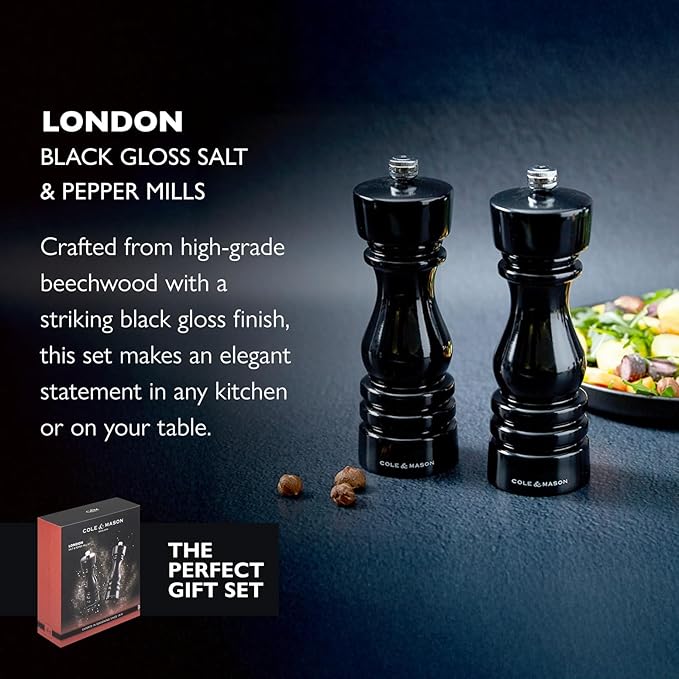 Cole & Mason London Refillable Spice Mill - Kitchen & Home Accessory - Salt & Pepper Grinder Set - Salt Mill with Ceramic Mechanism - Pepper Mill with Carbon Steel Mechanism - 7", Black Gloss