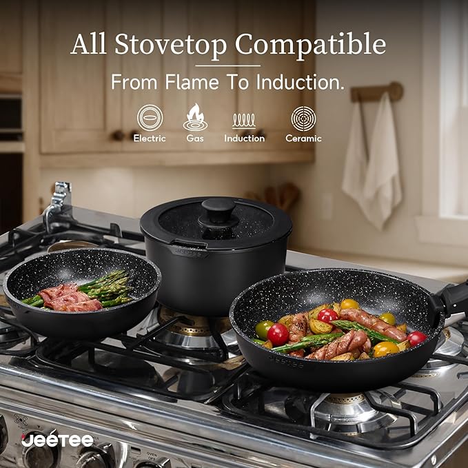 JEETEE Pots and Pans Set Non Stick 17pcs, Kitchen Cookware Sets with Detachable Handle, Induction Nonstick Cookware Set with Removable Handle, Stackable RV Cookware, Oven Safe, PFAS/PFOA Free, Black