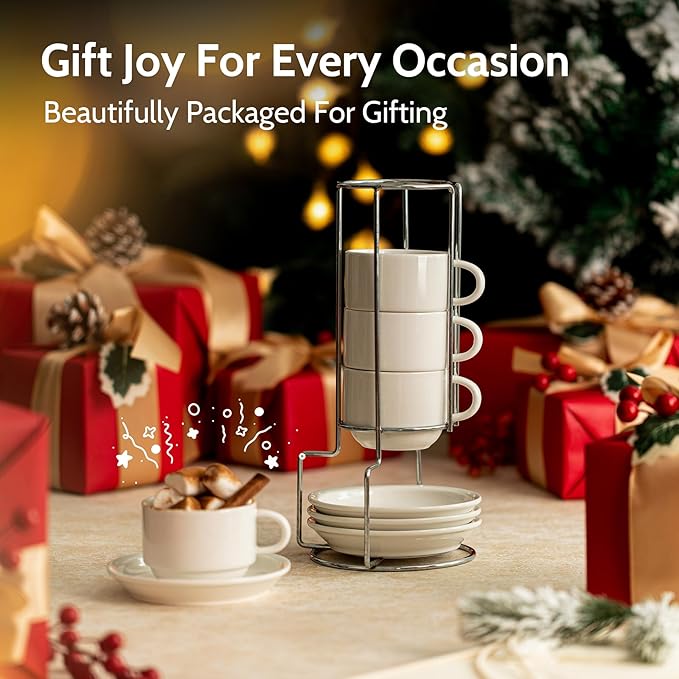 Sweese 8 Ounce Porcelain Stackable Cappuccino Cups with Saucers and Metal Stand - for Specialty Coffee Drinks, Cappuccino, Latte, Americano and Tea - Set of 4, White