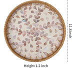 Round Rattan Tray for Home Decor 11.8 inch, Modern and Boho Decor Serving Tray with Mother of Pearl Inlay, Wicker Basket for Coffee Table, Hand Woven Decorative Tray Plates (Gold)