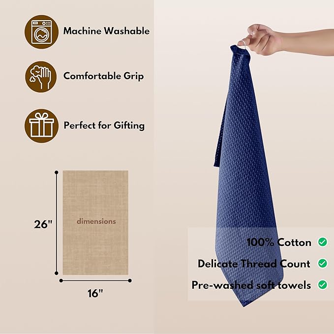 Native Fab Waffle Kitchen Towels - 12 Pack, 100% Cotton Soft, Absorbent, Durable, Washable Dish Towels, Quick Drying, Dishcloths for Cleaning, Cooking, Everyday Kitchen Tasks, 16x26 inches - Ink Blue