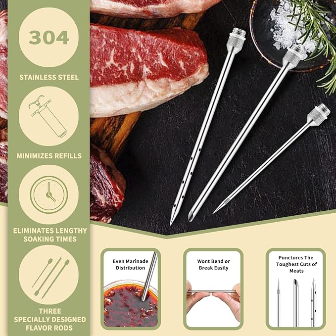 JY COOKMENT Meat Injector Syringe - Flavor Injector with 3 Stainless Steel Professional Needles;2pcs Cleaning Brush for BBQ Grill Smoker 2-oz Large Capacity Barrel