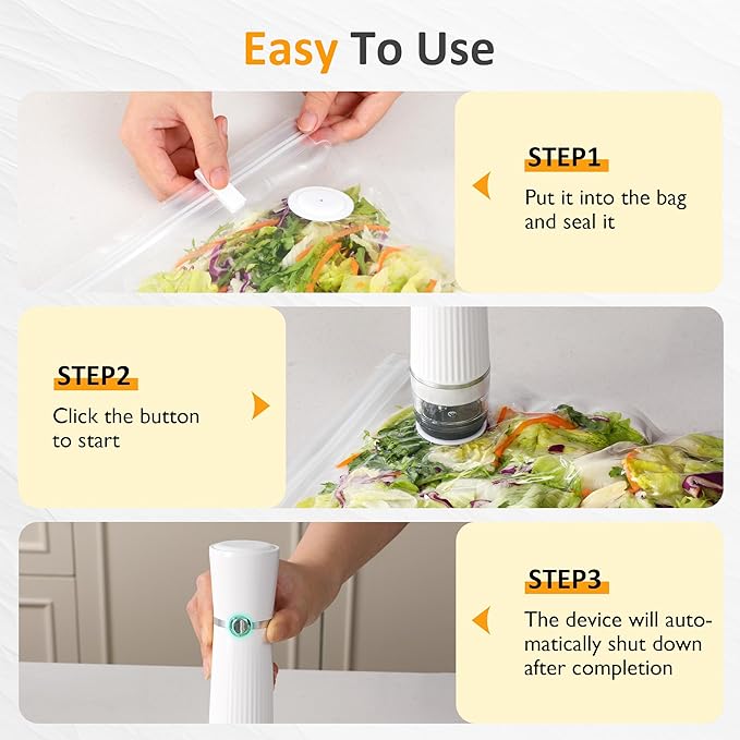 Sunvivi Portable Vacuum Sealer Machine for Food Storage & Preservation – Automatic Air Sealing System with Reusable Bags & Kitchen Accessories – Handheld Food Saver for Home, Sous Vide, White
