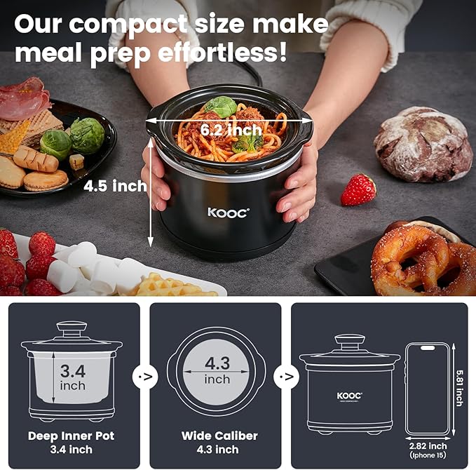 KOOC Small Slow Cooker, 0.65 Quart, Free Liners Included, Upgraded Ceramic Pot, Nutrient Loss Reduction, Sauces, Stews & Dips, Stainless Steel, Black, Round