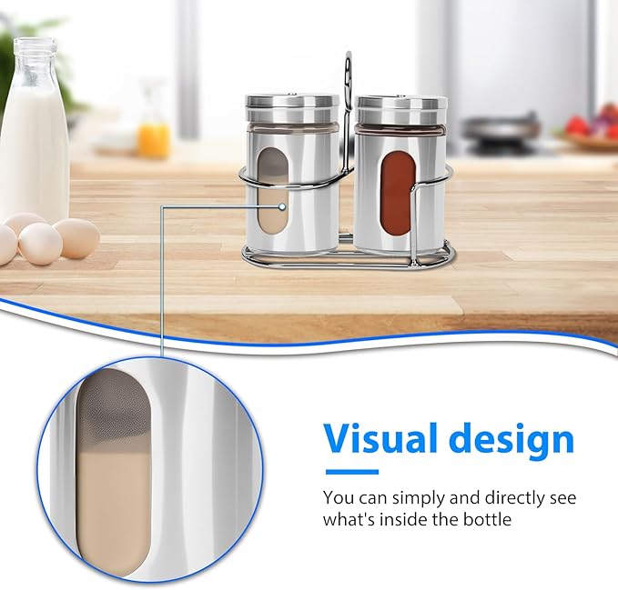 Glass Salt and Pepper Shaker Set with Seasoning Rack, Spice Rack, Adjustable Pour Hole Stainless Steel Lid, 2.8 oz, Spice Dispenser for Salt, Pepper, Spice Preservation (silver)