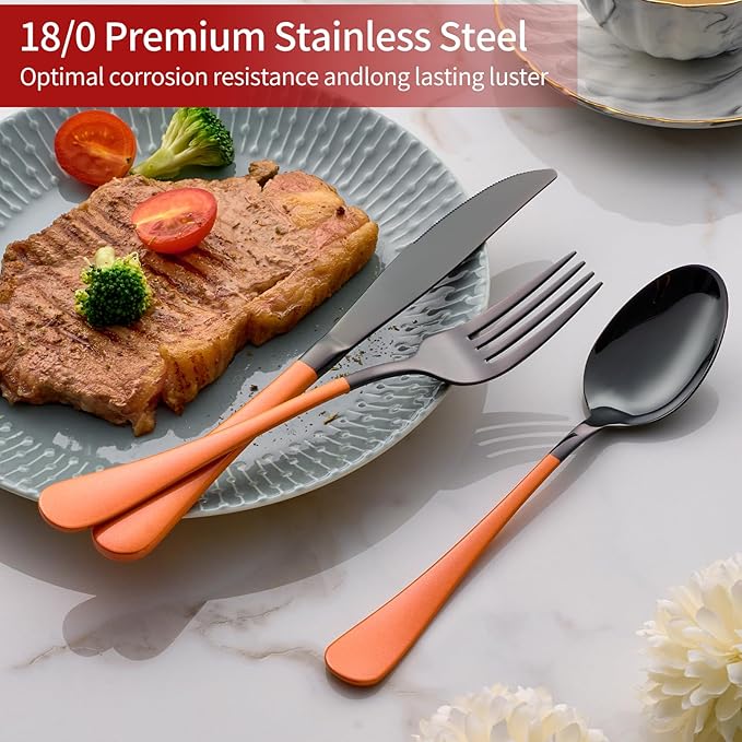 20-Piece Pink and Black Stainless Steel Silverware Set - Dinner Knives, Forks, Spoons - Dishwasher Safe