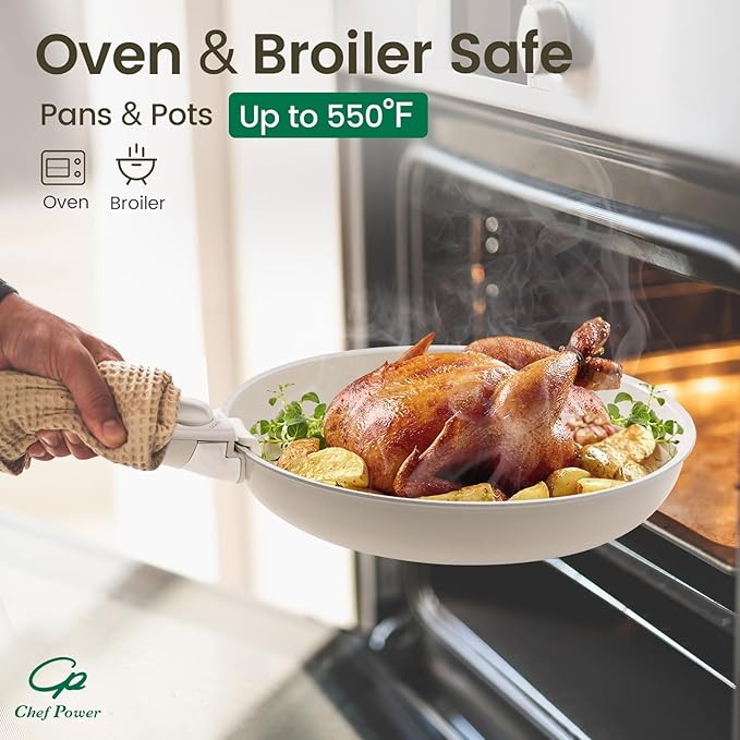 Chef Power Ceramic Nonstick Cookware Set 5 Piece with Detachable Handle, Induction Dishwasher Oven Safe Pans and Pots Set, RV Kicthen Set Removable Handle, Cream White