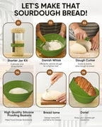 Sourdough Bread Baking Supplies 34 OZ Sourdough starter kit with 2 Bread Proofing Basket - Green