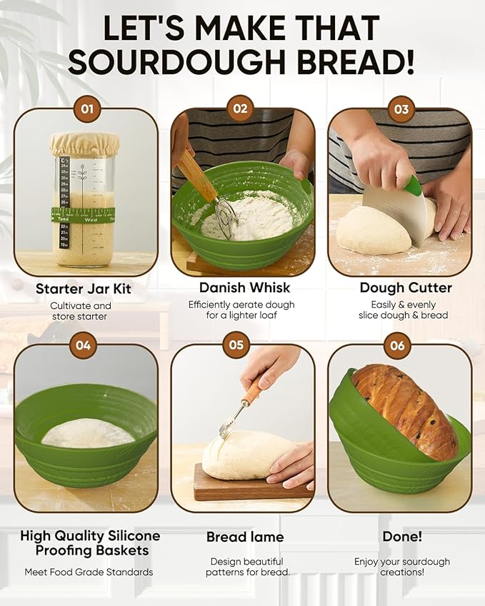 Sourdough Bread Baking Supplies 34 OZ Sourdough starter kit with 2 Bread Proofing Basket - Green