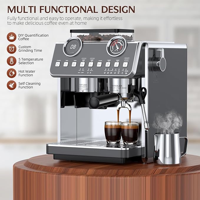 Espresso Machine with Grinder, 20 Bar Pressure Professional Coffee Maker with 30 Grinding Settings, 58mm Portafilte, Anti-scalding Milk Frother Steam Wand for Latte (IronGrey)