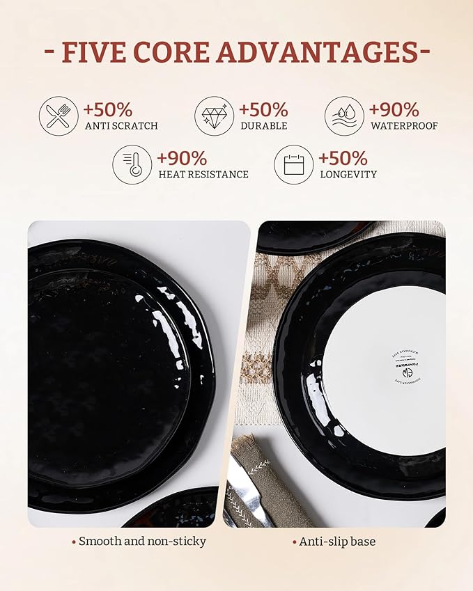 Famiware Porcelain kitchen plates and bowls set, Modern dishes set for 4, Handmade Wave Edge Dinnerware Sets, Microwave and Dishwasher Safe Tableware, Glossy-black (16pc)