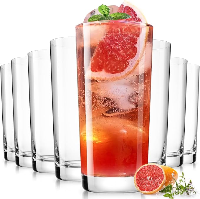 LUNA & MANTHA Drinking Highball Glasses Set of 8, Water Glasses 16 oz, Wide Mouth Design Lead-Free Crystal Glassware, Tall Glass Cups for Cocktail Parties, Family Dinners, Friends' Gatherings