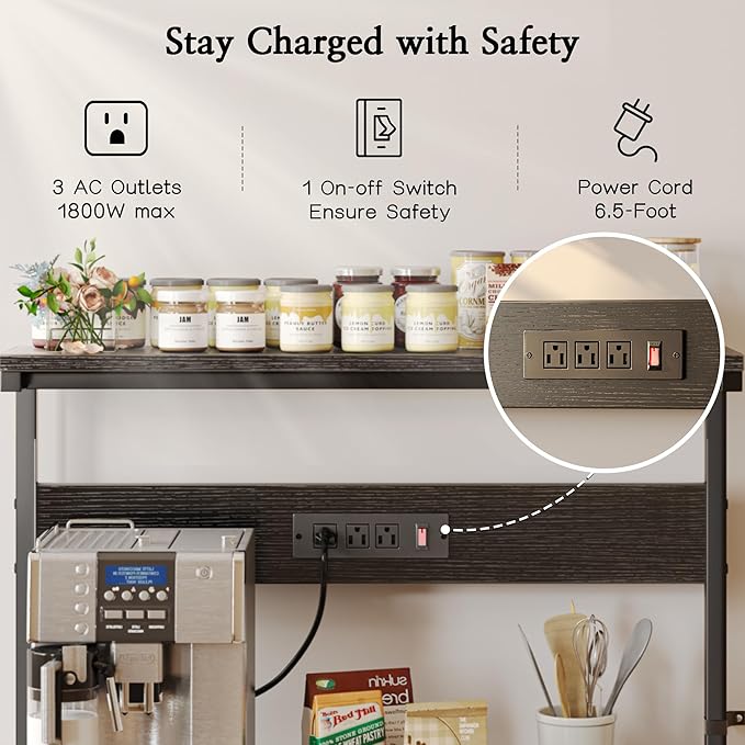 SUPERJARE Bakers Rack with Power Outlets, Microwave Stand, 31.5 X 16.5 Inch Larger Desktop, Kitchen Storage Rack with Adjustable Middle Shelf, 6 S-Shaped Hooks, Coffee Bar Stand, Black