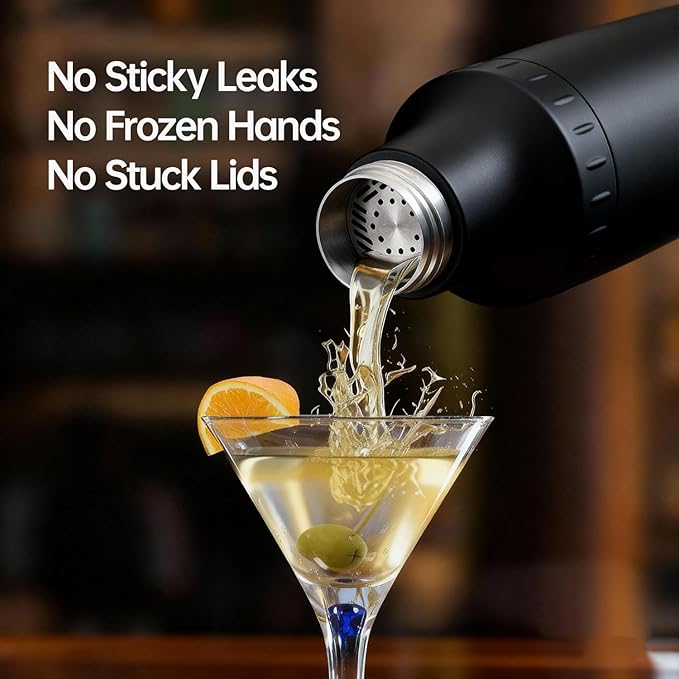 Hybrid Cocktail Shaker Set | Vacuum Insulated Stainless Steel Martini Shaker with Strainer & Jigger Lid | Travel cocktail kit with Bartender Accessory Tools | 30oz | Black