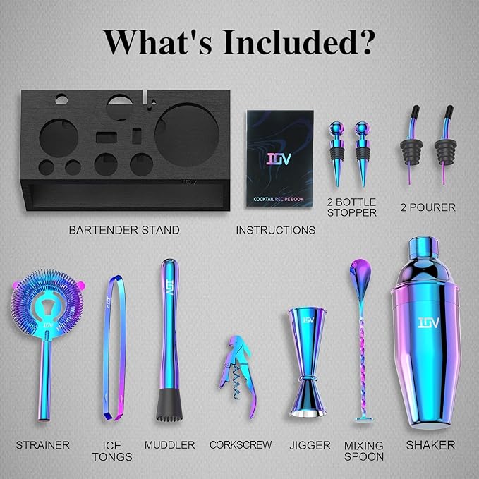 IOV Mixology Bartender Kit with Stand | 12-Piece Cocktail Shaker Set | 24oz Martini Shaker Set for Drink Mixing | Bar Set Includes All Bar Tools and Recipe Booklet | Fun Housewarming Gift (Rainbow)