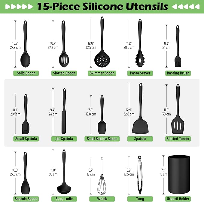 Silicone Cooking Utensil Set, Homikit 15pcs Kitchen Utensils with Holder for Nonstick Cookware, Heat Resistant Nontoxic Silicone Spatula Set Dishwasher Safe Kitchen Tools for Baking-Black