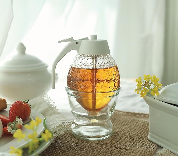 Stainless Steel Shaft, Glass Honey Dispenser, Chrome-Plated ABS Silver Lid – No Drip Glass with Stand – 8 oz Honey Jar – Honeycomb Design Container – Honey Pot for Honey, Maple Syrup (White)