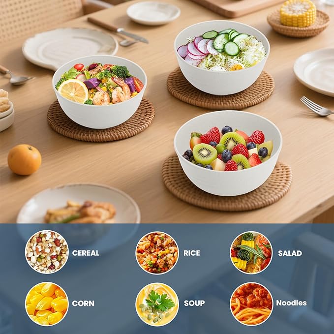 Kitchen Bowl 26 OZ, Wheat Straw Bowls Set 6 PCS, Unbreakable and Lightweight Cereal Bowl for Rice,Oatmeal,Salad, Microwave and Dishwasher Safe Plastic Bowls Reusable - White