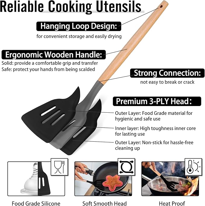 P&P CHEF Silicone Cooking Utensils Set, 12PCS Kitchen Utensils Set with Wooden Handle for Nonstick Cookware, Ladle, Spoon, Spatula, Tong, Heat-resistant & Non-scratch, Non Smell & Healthy, Black