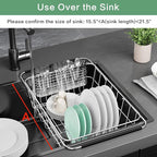 Large Dish Drainer Rack in Sink Adjustable, Expandable 304 Stainless Steel Metal Dish Drying Rack Organizer with Stainless Steel Utensil Holder Over Inside Sink Counter, Rustproof